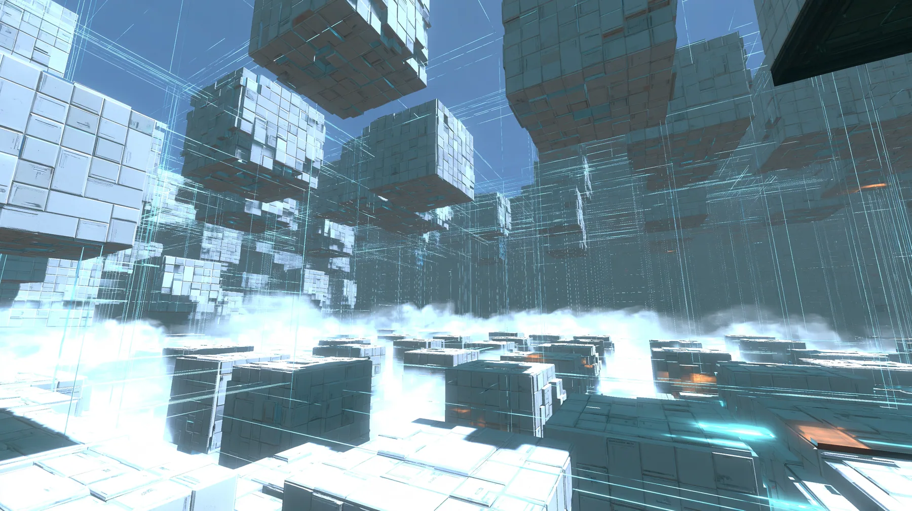 Portal 2 Source engine render dreamed by a neural network, a vast white void where hundreds of square white Aperture Science wall panels float like neurons, linked by thin glowing threads of light, soft bloom,…