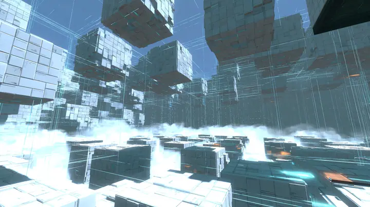 Portal 2 Source engine render dreamed by a neural network, a vast white void where hundreds of square white Aperture Science wall panels float like neurons, linked by thin glowing threads of light, soft bloom,…