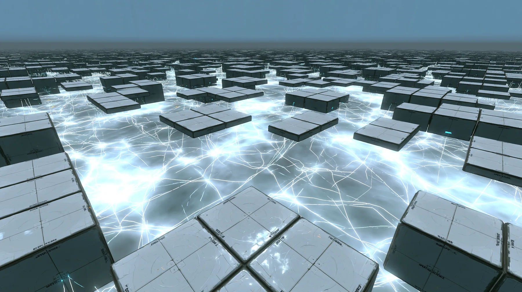 Portal 2 Source engine render dreamed by a neural network, a vast white void where hundreds of square white Aperture Science wall panels float like neurons, linked by thin glowing threads of light, soft bloom,…