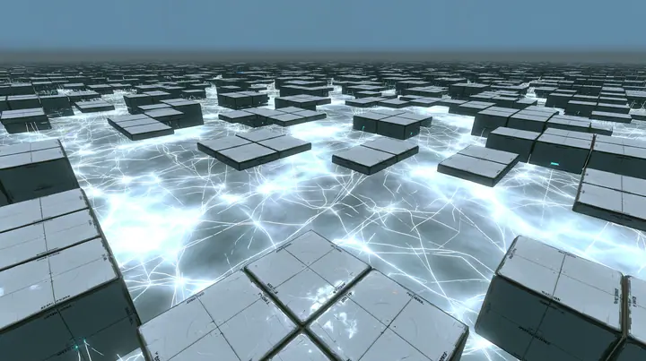 Portal 2 Source engine render dreamed by a neural network, a vast white void where hundreds of square white Aperture Science wall panels float like neurons, linked by thin glowing threads of light, soft bloom,…