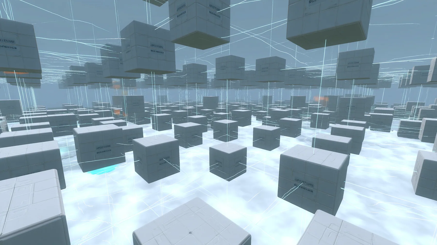 Portal 2 Source engine render dreamed by a neural network, a vast white void where hundreds of square white Aperture Science wall panels float like neurons, linked by thin glowing threads of light, soft bloom,…