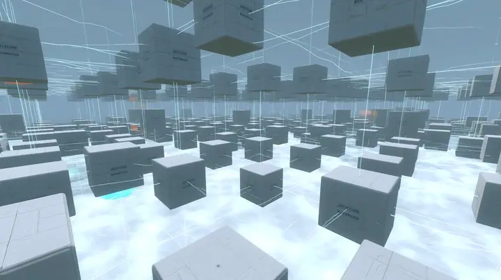 Portal 2 Source engine render dreamed by a neural network, a vast white void where hundreds of square white Aperture Science wall panels float like neurons, linked by thin glowing threads of light, soft bloom,…