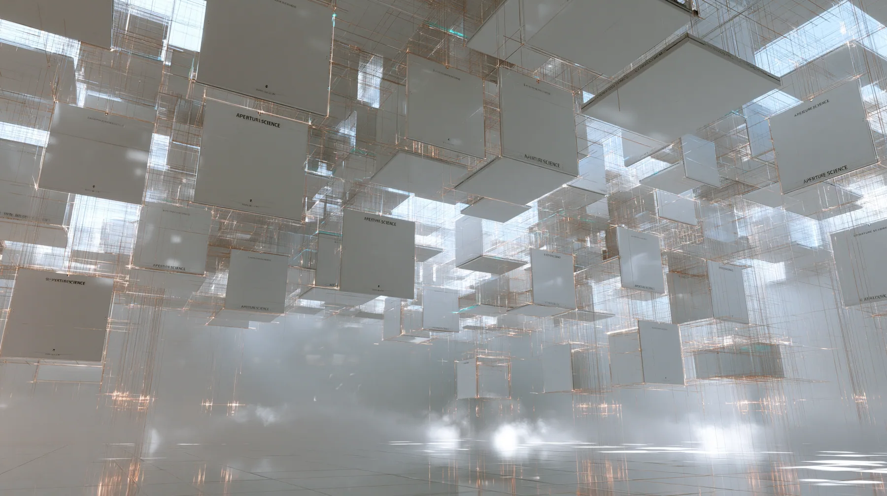 Valve's Portal 2 as a neural network dreams it, a Source engine render: a vast white void where hundreds of square white Aperture Science wall panels float like neurons, linked by thin glowing threads of light, soft…