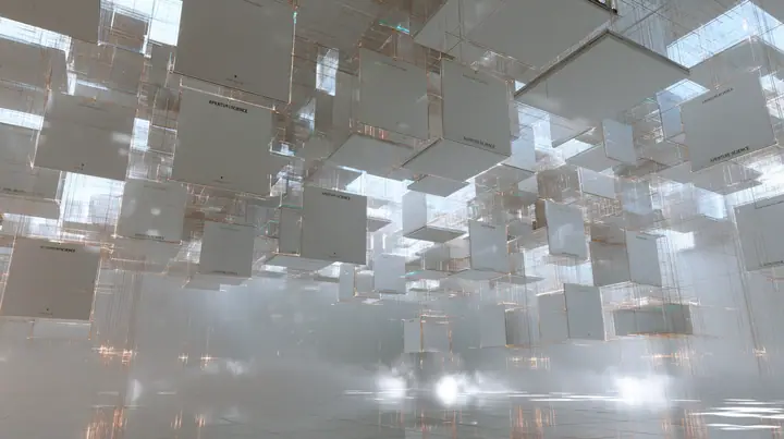Valve's Portal 2 as a neural network dreams it, a Source engine render: a vast white void where hundreds of square white Aperture Science wall panels float like neurons, linked by thin glowing threads of light, soft…