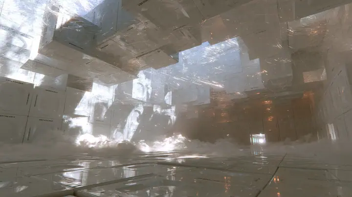 Valve's Portal 2 as a neural network dreams it, a Source engine render: a vast white void where hundreds of square white Aperture Science wall panels float like neurons, linked by thin glowing threads of light, soft…