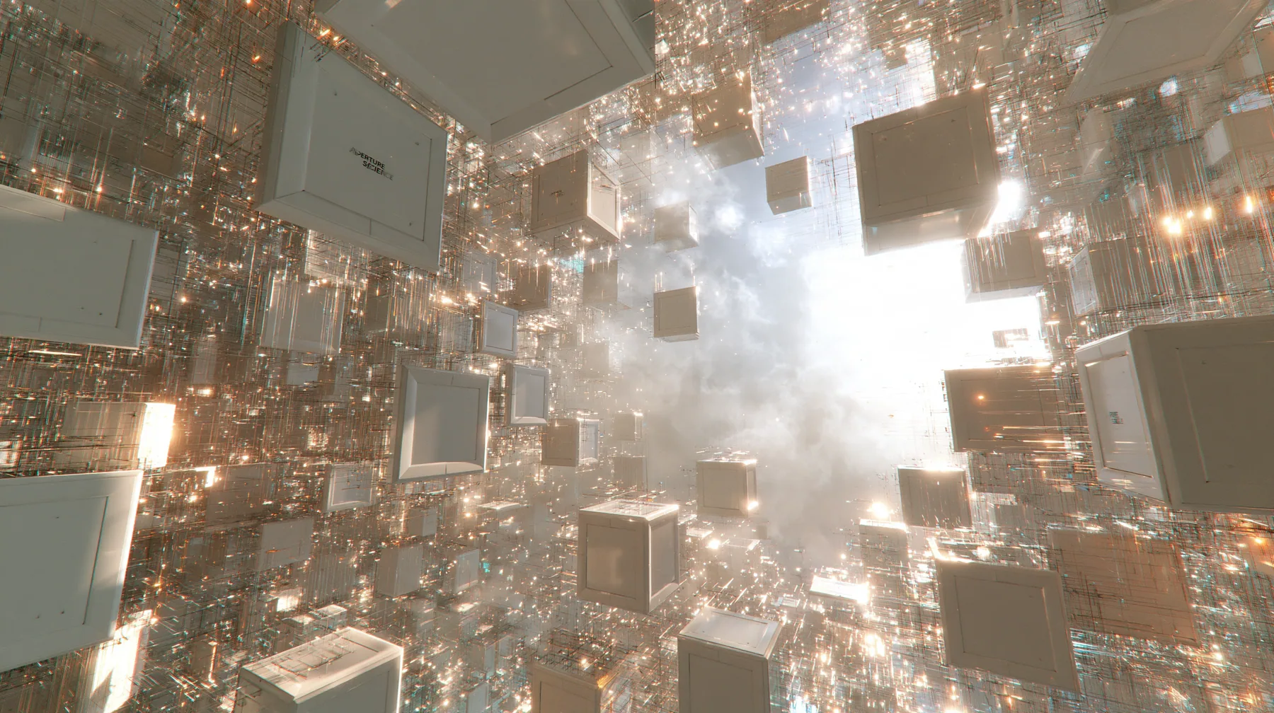 Valve's Portal 2 as a neural network dreams it, a Source engine render: a vast white void where hundreds of square white Aperture Science wall panels float like neurons, linked by thin glowing threads of light, soft…
