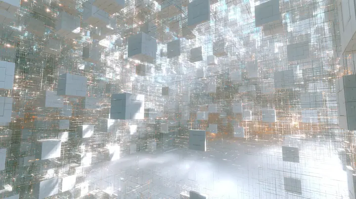 Valve's Portal 2 as a neural network dreams it, a Source engine render: a vast white void where hundreds of square white Aperture Science wall panels float like neurons, linked by thin glowing threads of light, soft…