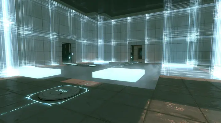 Portal 2 Source engine render dreamed by a neural network, an Aperture Science test chamber built entirely of light: glowing wireframe wall panels and translucent white light planes, a light bridge and a round faith…