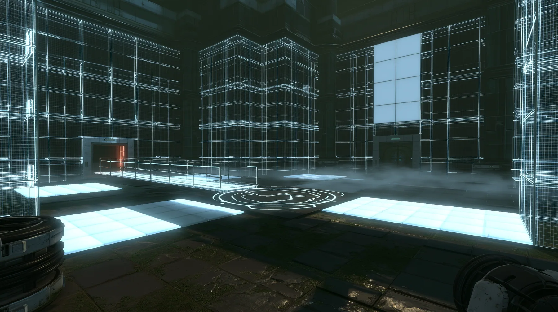 Portal 2 Source engine render dreamed by a neural network, an Aperture Science test chamber built entirely of light: glowing wireframe wall panels and translucent white light planes, a light bridge and a round faith…
