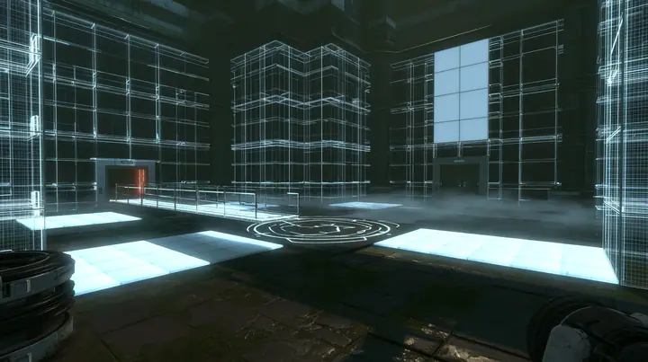 Portal 2 Source engine render dreamed by a neural network, an Aperture Science test chamber built entirely of light: glowing wireframe wall panels and translucent white light planes, a light bridge and a round faith…
