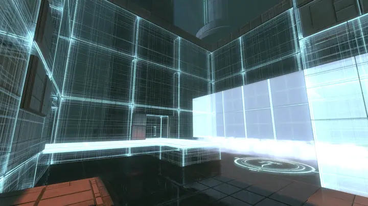 Portal 2 Source engine render dreamed by a neural network, an Aperture Science test chamber built entirely of light: glowing wireframe wall panels and translucent white light planes, a light bridge and a round faith…