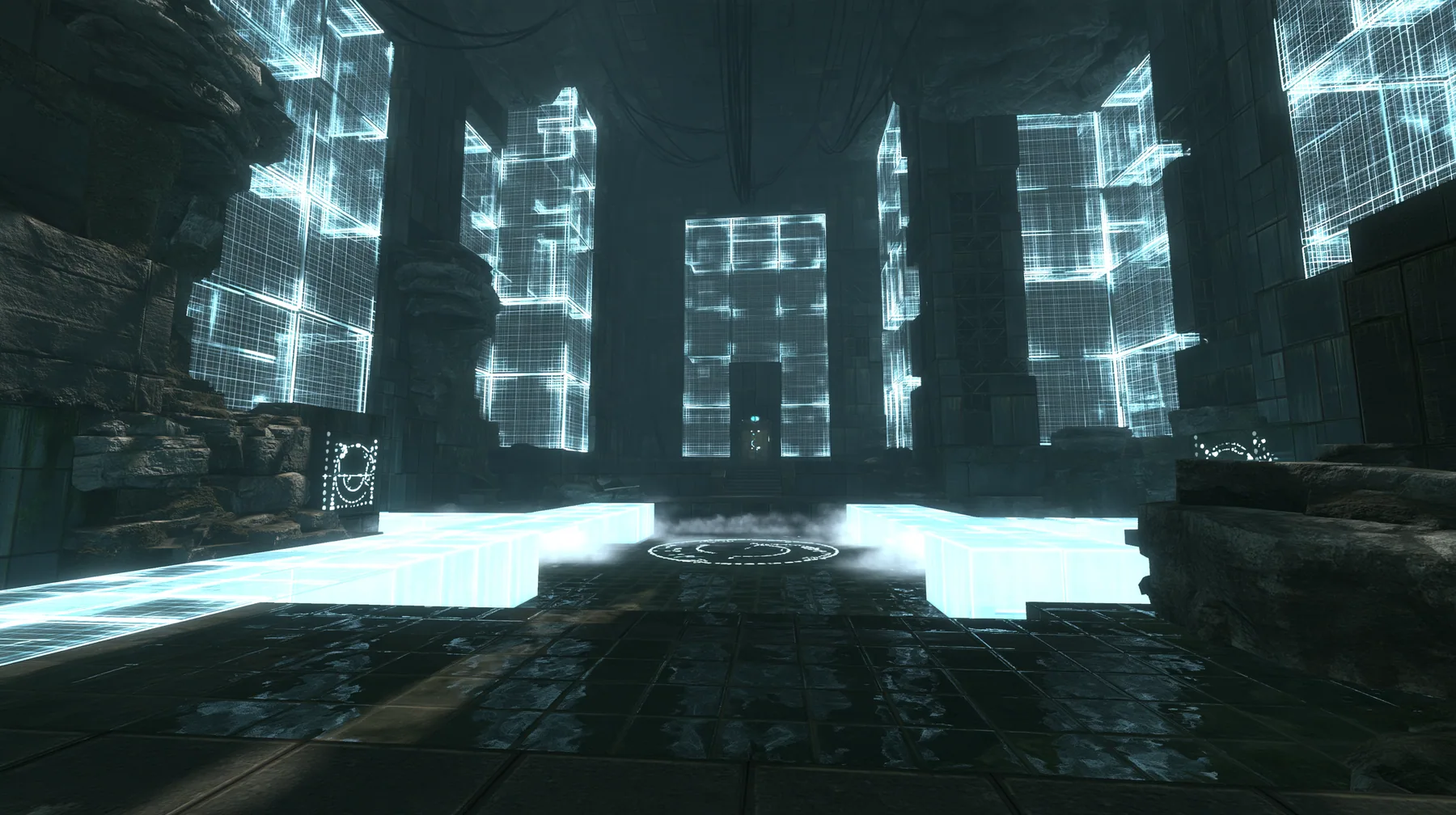Portal 2 Source engine render dreamed by a neural network, an Aperture Science test chamber built entirely of light: glowing wireframe wall panels and translucent white light planes, a light bridge and a round faith…