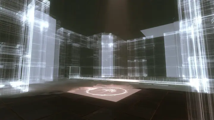 Valve's Portal 2 as a neural network dreams it, a Source engine render: an Aperture Science test chamber built entirely of light: glowing wireframe wall panels and translucent white light planes, a light bridge and a…