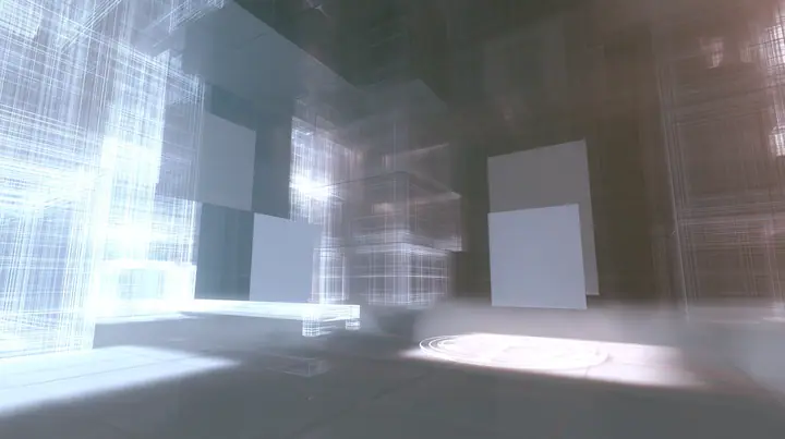 Valve's Portal 2 as a neural network dreams it, a Source engine render: an Aperture Science test chamber built entirely of light: glowing wireframe wall panels and translucent white light planes, a light bridge and a…