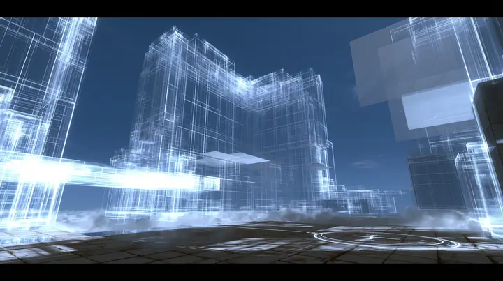 Valve's Portal 2 as a neural network dreams it, a Source engine render: an Aperture Science test chamber built entirely of light: glowing wireframe wall panels and translucent white light planes, a light bridge and a…