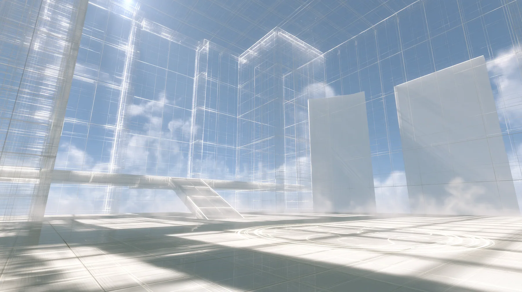 Valve's Portal 2 as a neural network dreams it, a Source engine render: an Aperture Science test chamber built entirely of light: glowing wireframe wall panels and translucent white light planes, a light bridge and a…