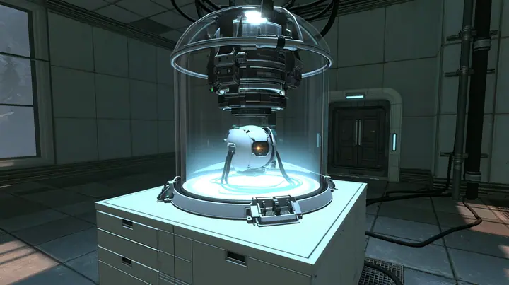 Portal 2 Source engine render dreamed by a neural network, on a white Aperture lab bench a glass incubator dome glowing softly, inside it a tiny white spherical AI core with one amber optic eye and trailing cables,…