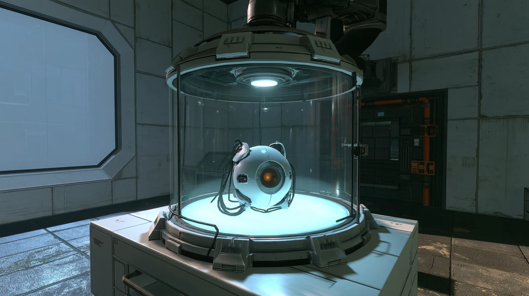 Portal 2 Source engine render dreamed by a neural network, on a white Aperture lab bench a glass incubator dome glowing softly, inside it a tiny white spherical AI core with one amber optic eye and trailing cables,…