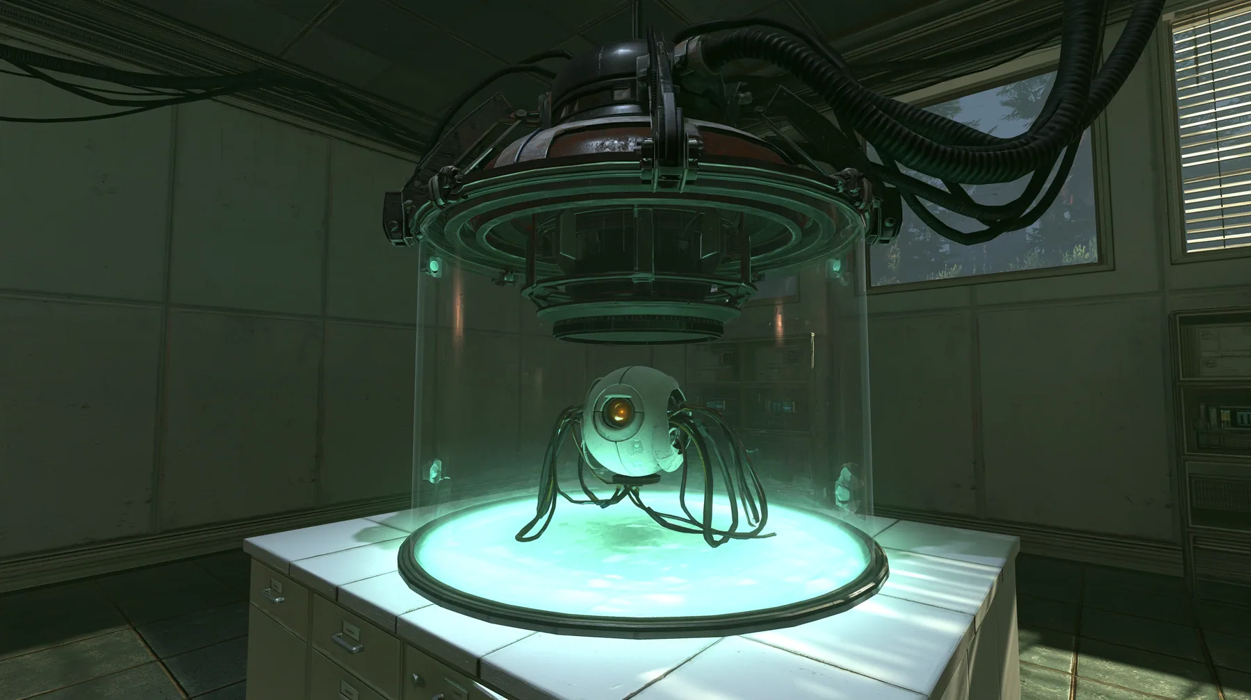 Portal 2 Source engine render dreamed by a neural network, on a white Aperture lab bench a glass incubator dome glowing softly, inside it a tiny white spherical AI core with one amber optic eye and trailing cables,…