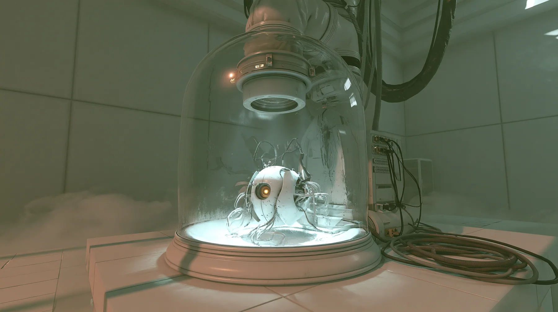 Valve's Portal 2 as a neural network dreams it, a Source engine render: on a white Aperture lab bench a glass incubator dome glowing softly, inside it a tiny white spherical AI core with one amber optic eye and…