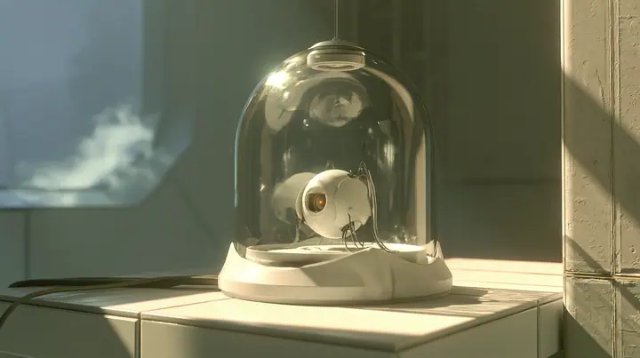 Valve's Portal 2 as a neural network dreams it, a Source engine render: on a white Aperture lab bench a glass incubator dome glowing softly, inside it a tiny white spherical AI core with one amber optic eye and…