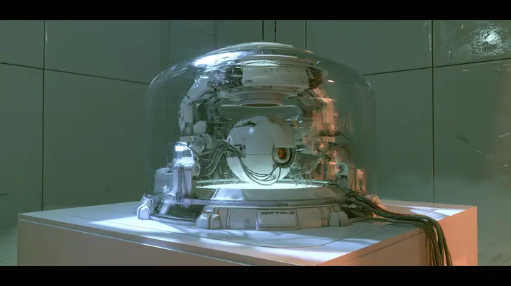 Valve's Portal 2 as a neural network dreams it, a Source engine render: on a white Aperture lab bench a glass incubator dome glowing softly, inside it a tiny white spherical AI core with one amber optic eye and…