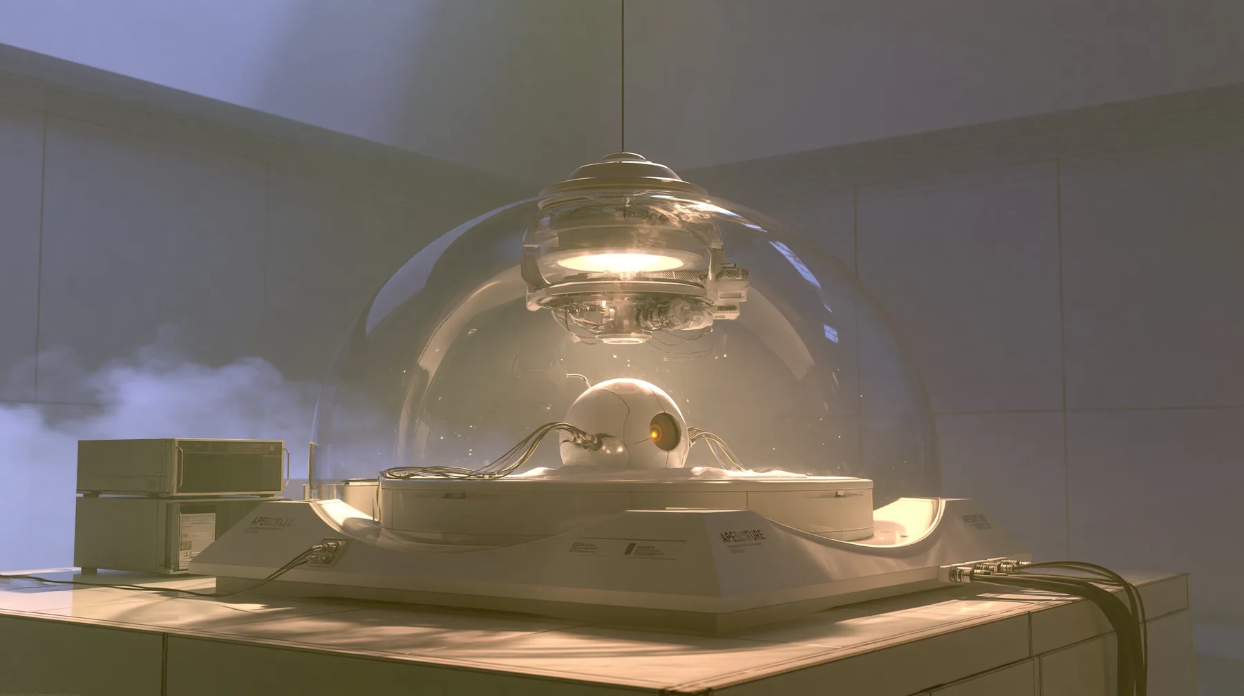 Valve's Portal 2 as a neural network dreams it, a Source engine render: on a white Aperture lab bench a glass incubator dome glowing softly, inside it a tiny white spherical AI core with one amber optic eye and…