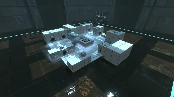 Portal 2 Source engine render dreamed by a neural network, top-down view of a miniature white Aperture Science training chamber at dollhouse scale on a dark floor: tiny white panels, tiny round doors, tiny cubes and…