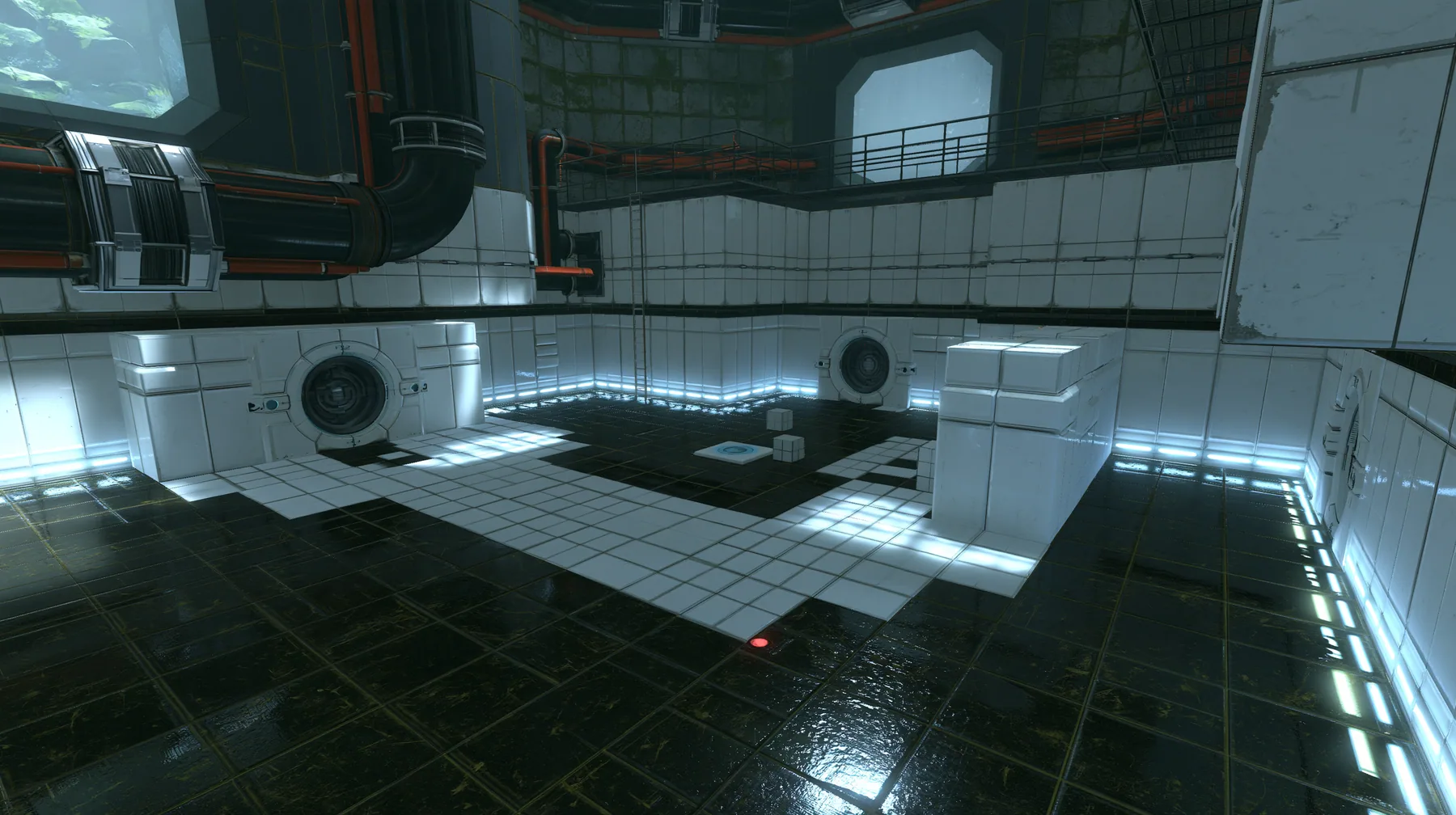 Portal 2 Source engine render dreamed by a neural network, top-down view of a miniature white Aperture Science training chamber at dollhouse scale on a dark floor: tiny white panels, tiny round doors, tiny cubes and…