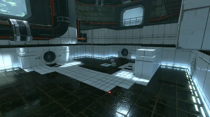 Portal 2 Source engine render dreamed by a neural network, top-down view of a miniature white Aperture Science training chamber at dollhouse scale on a dark floor: tiny white panels, tiny round doors, tiny cubes and…