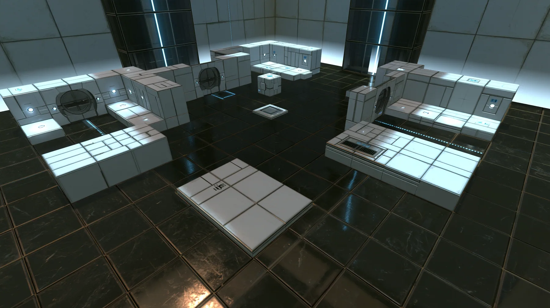 Portal 2 Source engine render dreamed by a neural network, top-down view of a miniature white Aperture Science training chamber at dollhouse scale on a dark floor: tiny white panels, tiny round doors, tiny cubes and…