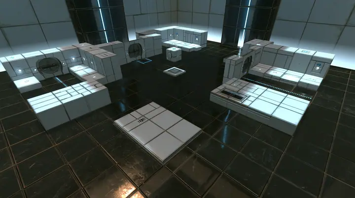 Portal 2 Source engine render dreamed by a neural network, top-down view of a miniature white Aperture Science training chamber at dollhouse scale on a dark floor: tiny white panels, tiny round doors, tiny cubes and…