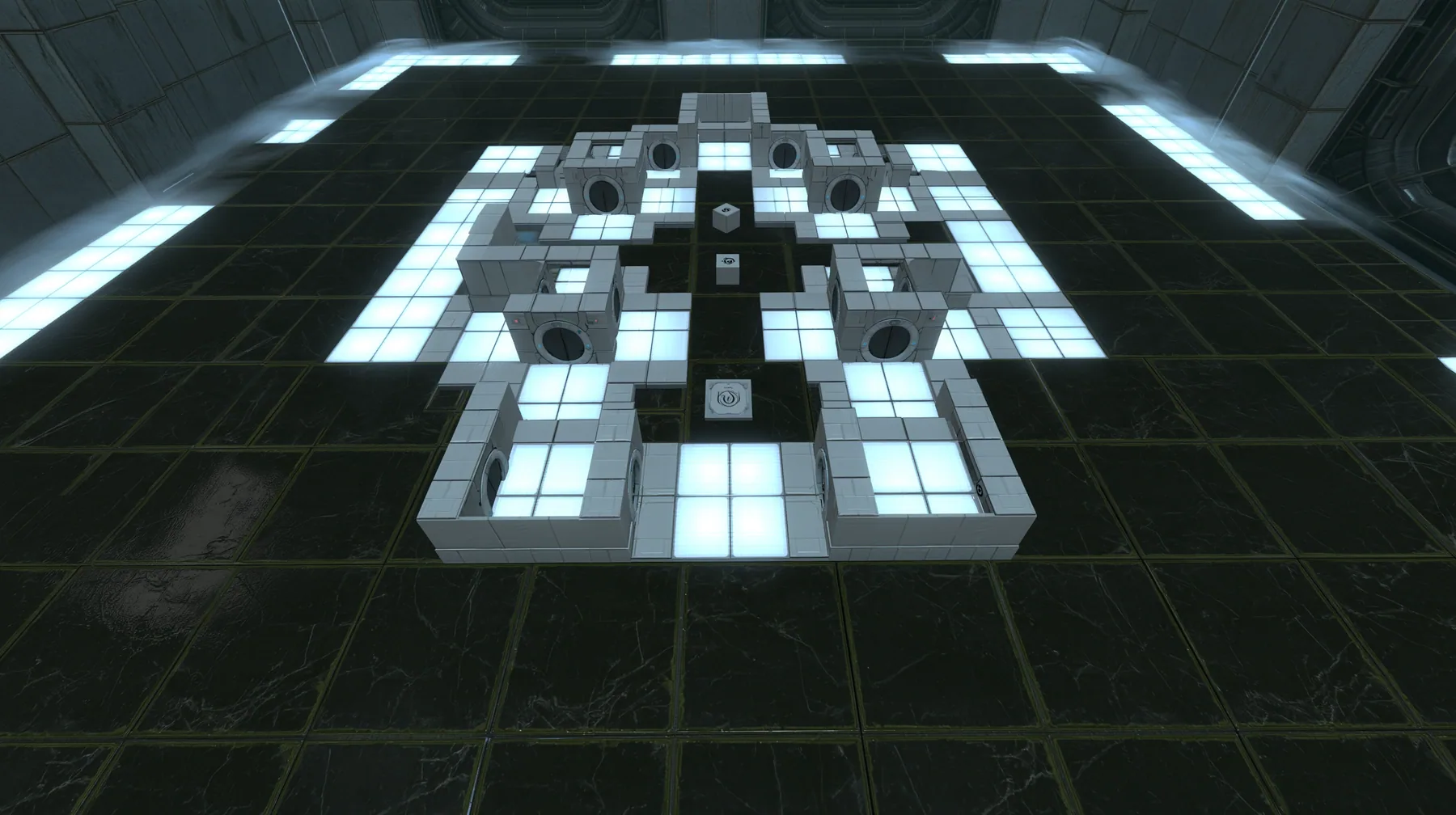 Portal 2 Source engine render dreamed by a neural network, top-down view of a miniature white Aperture Science training chamber at dollhouse scale on a dark floor: tiny white panels, tiny round doors, tiny cubes and…