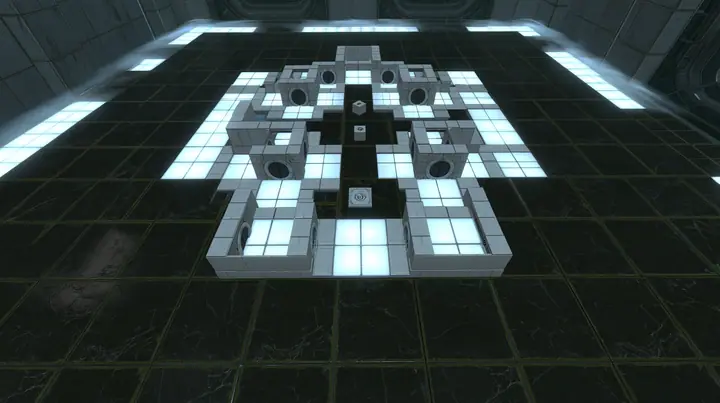 Portal 2 Source engine render dreamed by a neural network, top-down view of a miniature white Aperture Science training chamber at dollhouse scale on a dark floor: tiny white panels, tiny round doors, tiny cubes and…