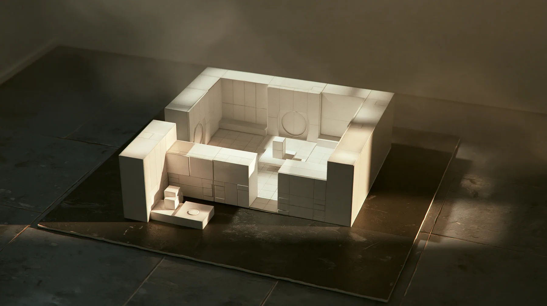 Valve's Portal 2 as a neural network dreams it, a Source engine render: top-down view of a miniature white Aperture Science training chamber at dollhouse scale on a dark floor: tiny white panels, tiny round doors,…