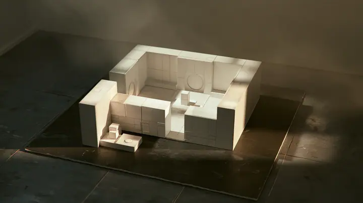 Valve's Portal 2 as a neural network dreams it, a Source engine render: top-down view of a miniature white Aperture Science training chamber at dollhouse scale on a dark floor: tiny white panels, tiny round doors,…