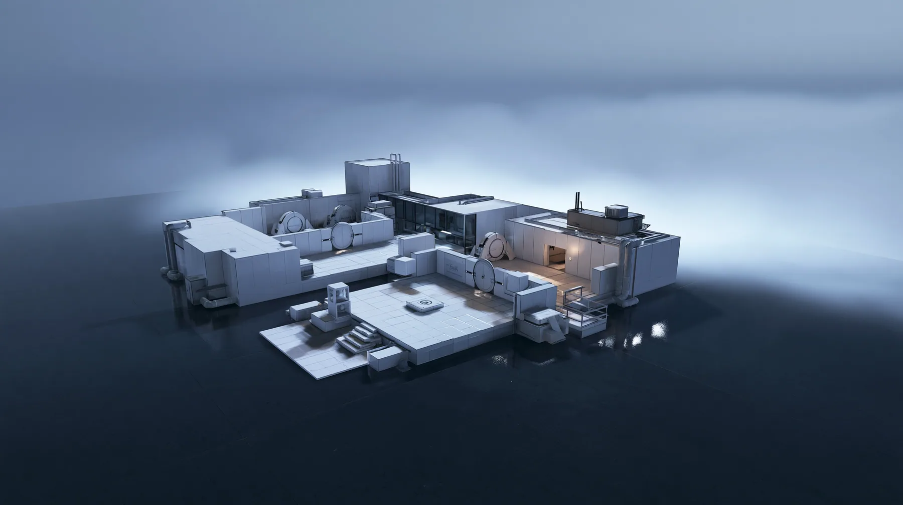 Valve's Portal 2 as a neural network dreams it, a Source engine render: top-down view of a miniature white Aperture Science training chamber at dollhouse scale on a dark floor: tiny white panels, tiny round doors,…