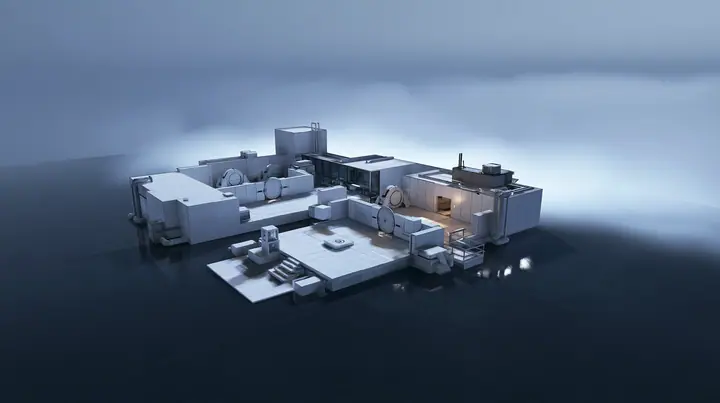 Valve's Portal 2 as a neural network dreams it, a Source engine render: top-down view of a miniature white Aperture Science training chamber at dollhouse scale on a dark floor: tiny white panels, tiny round doors,…