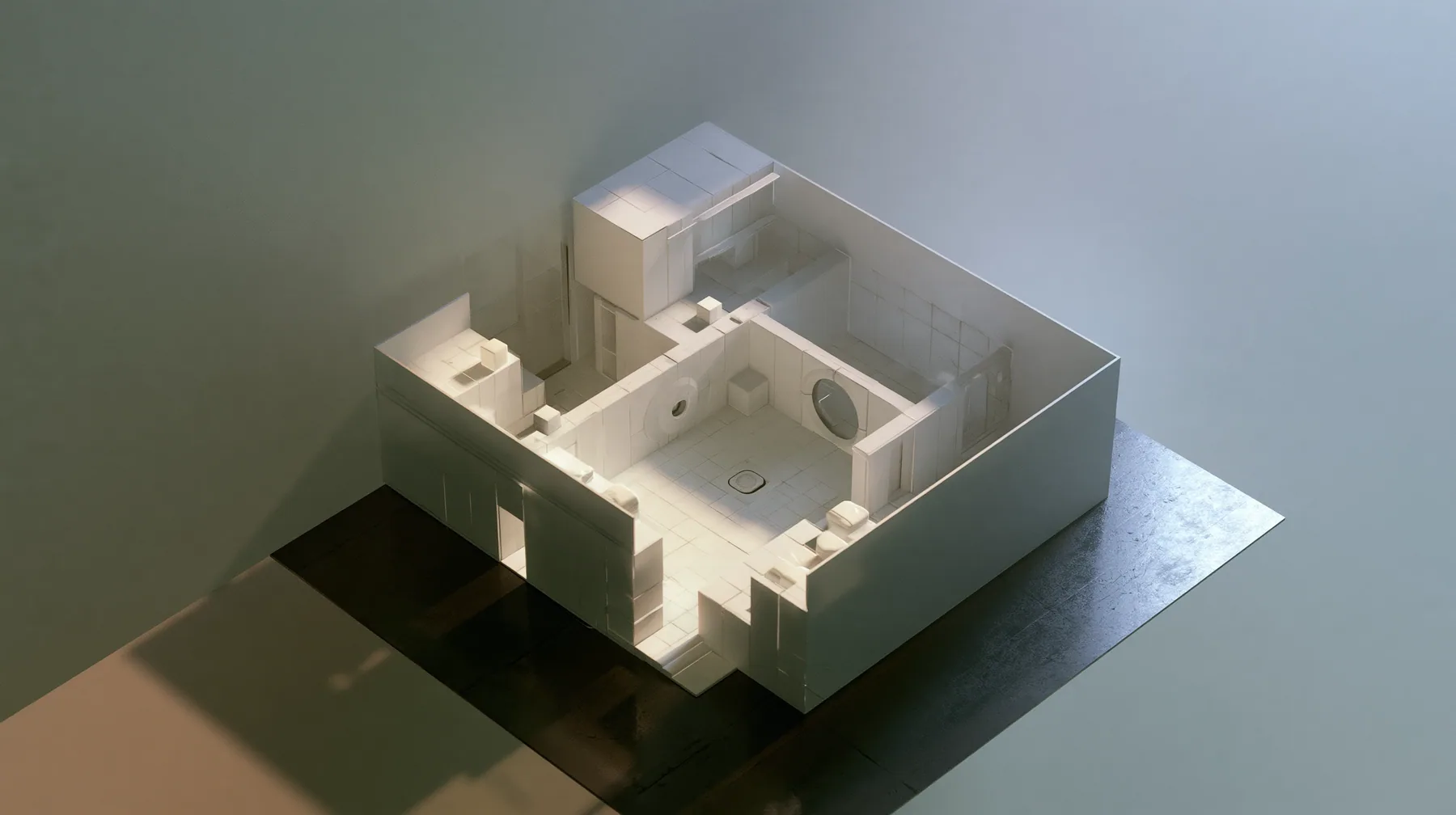 Valve's Portal 2 as a neural network dreams it, a Source engine render: top-down view of a miniature white Aperture Science training chamber at dollhouse scale on a dark floor: tiny white panels, tiny round doors,…