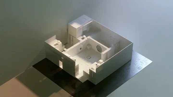 Valve's Portal 2 as a neural network dreams it, a Source engine render: top-down view of a miniature white Aperture Science training chamber at dollhouse scale on a dark floor: tiny white panels, tiny round doors,…