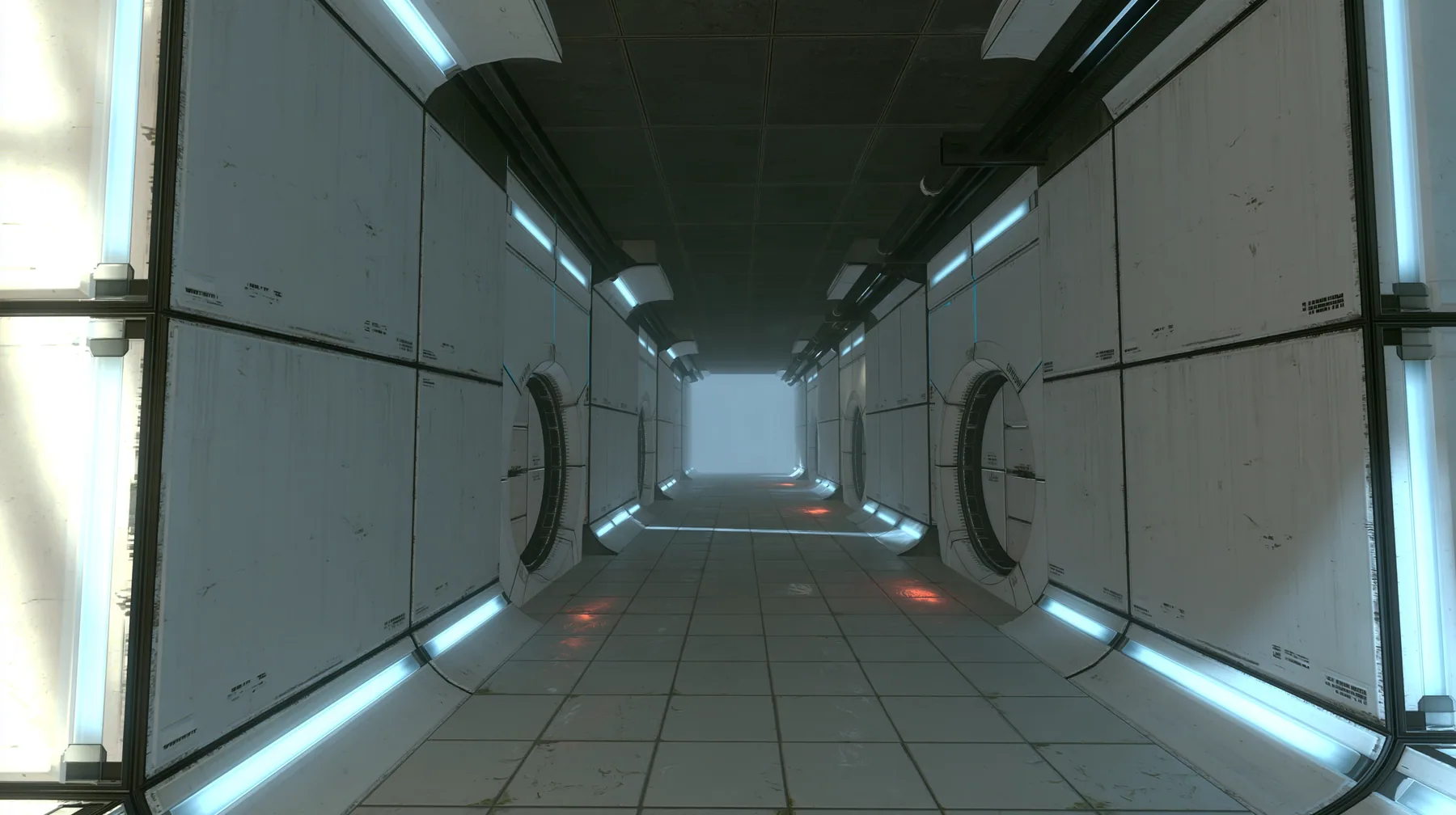 Portal 2 Source engine render dreamed by a neural network, endless liminal Aperture Science corridors of white panels with black seams, repeating round doors and light strips receding into soft white fog, overexposed…