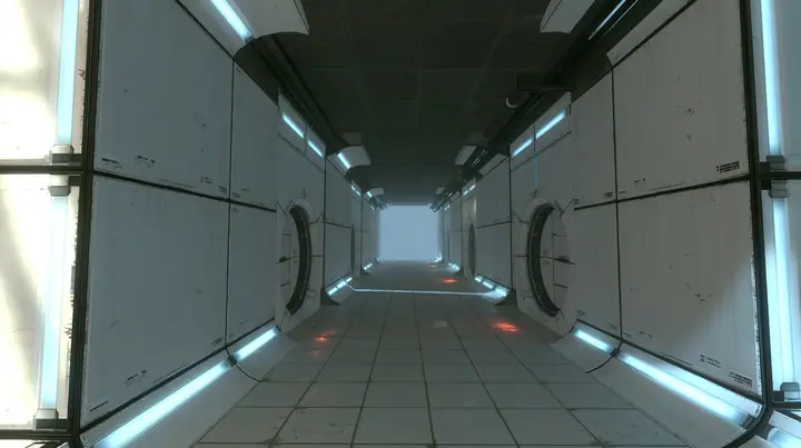 Portal 2 Source engine render dreamed by a neural network, endless liminal Aperture Science corridors of white panels with black seams, repeating round doors and light strips receding into soft white fog, overexposed…