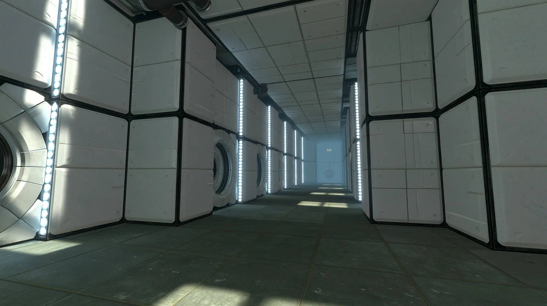 Portal 2 Source engine render dreamed by a neural network, endless liminal Aperture Science corridors of white panels with black seams, repeating round doors and light strips receding into soft white fog, overexposed…