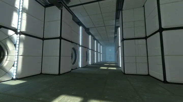 Portal 2 Source engine render dreamed by a neural network, endless liminal Aperture Science corridors of white panels with black seams, repeating round doors and light strips receding into soft white fog, overexposed…
