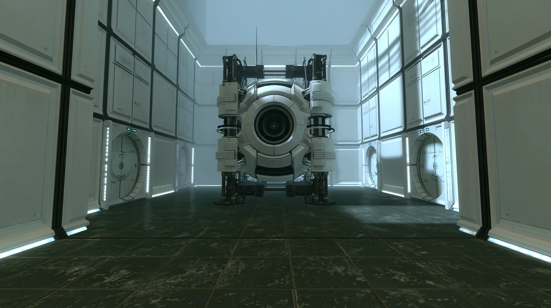 Portal 2 Source engine render dreamed by a neural network, endless liminal Aperture Science corridors of white panels with black seams, repeating round doors and light strips receding into soft white fog, overexposed…