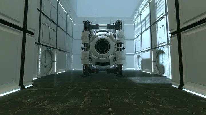 Portal 2 Source engine render dreamed by a neural network, endless liminal Aperture Science corridors of white panels with black seams, repeating round doors and light strips receding into soft white fog, overexposed…