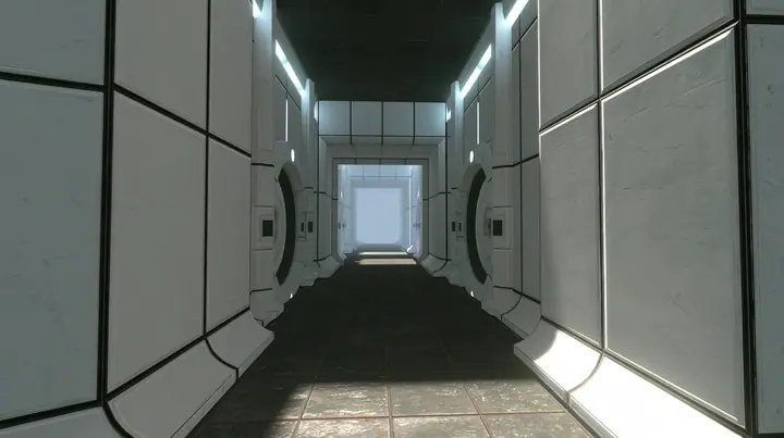 Portal 2 Source engine render dreamed by a neural network, endless liminal Aperture Science corridors of white panels with black seams, repeating round doors and light strips receding into soft white fog, overexposed…
