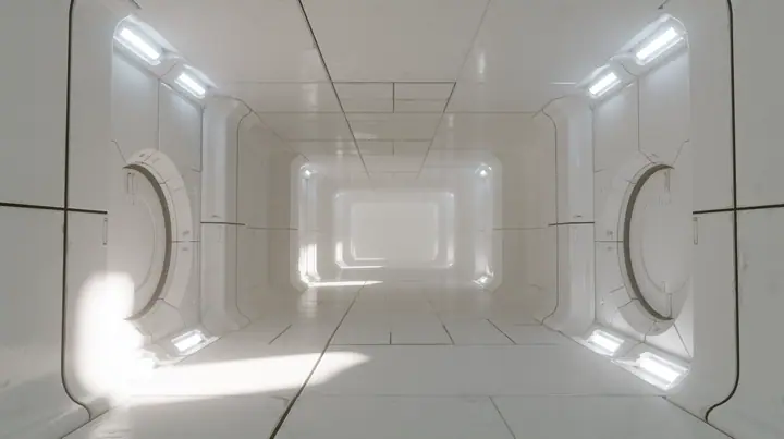 Valve's Portal 2 as a neural network dreams it, a Source engine render: endless liminal Aperture Science corridors of white panels with black seams, repeating round doors and light strips receding into soft white…