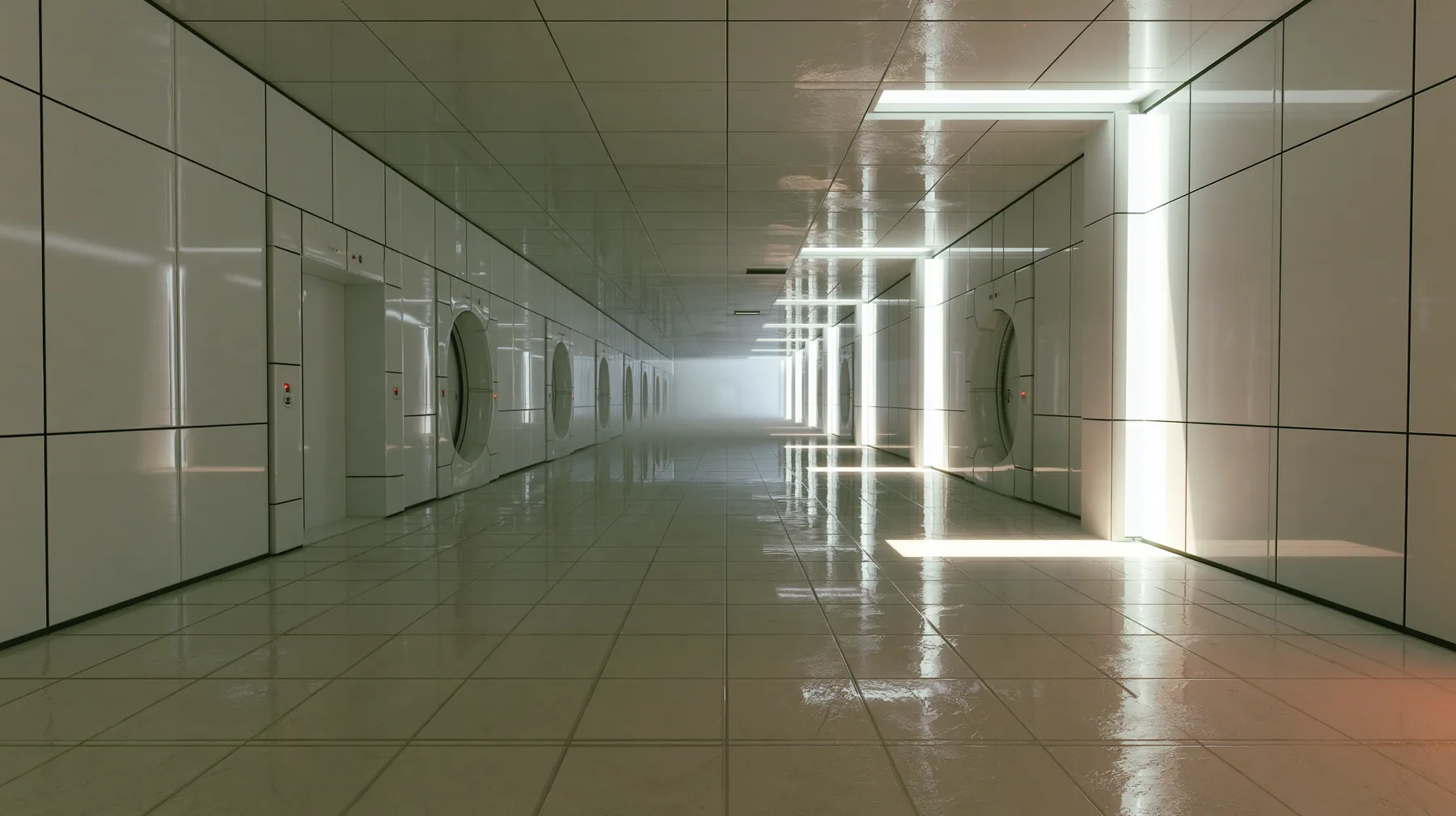 Valve's Portal 2 as a neural network dreams it, a Source engine render: endless liminal Aperture Science corridors of white panels with black seams, repeating round doors and light strips receding into soft white…