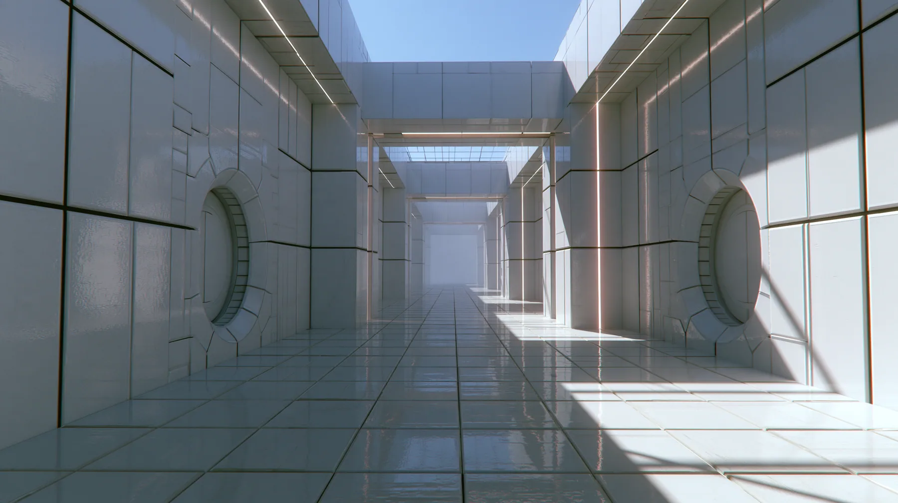 Valve's Portal 2 as a neural network dreams it, a Source engine render: endless liminal Aperture Science corridors of white panels with black seams, repeating round doors and light strips receding into soft white…